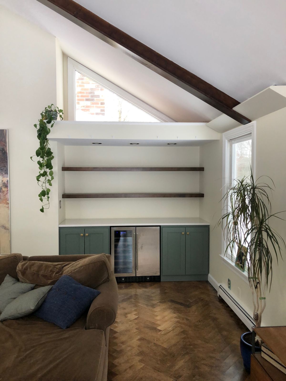 Built-in shelving with beverage fridge