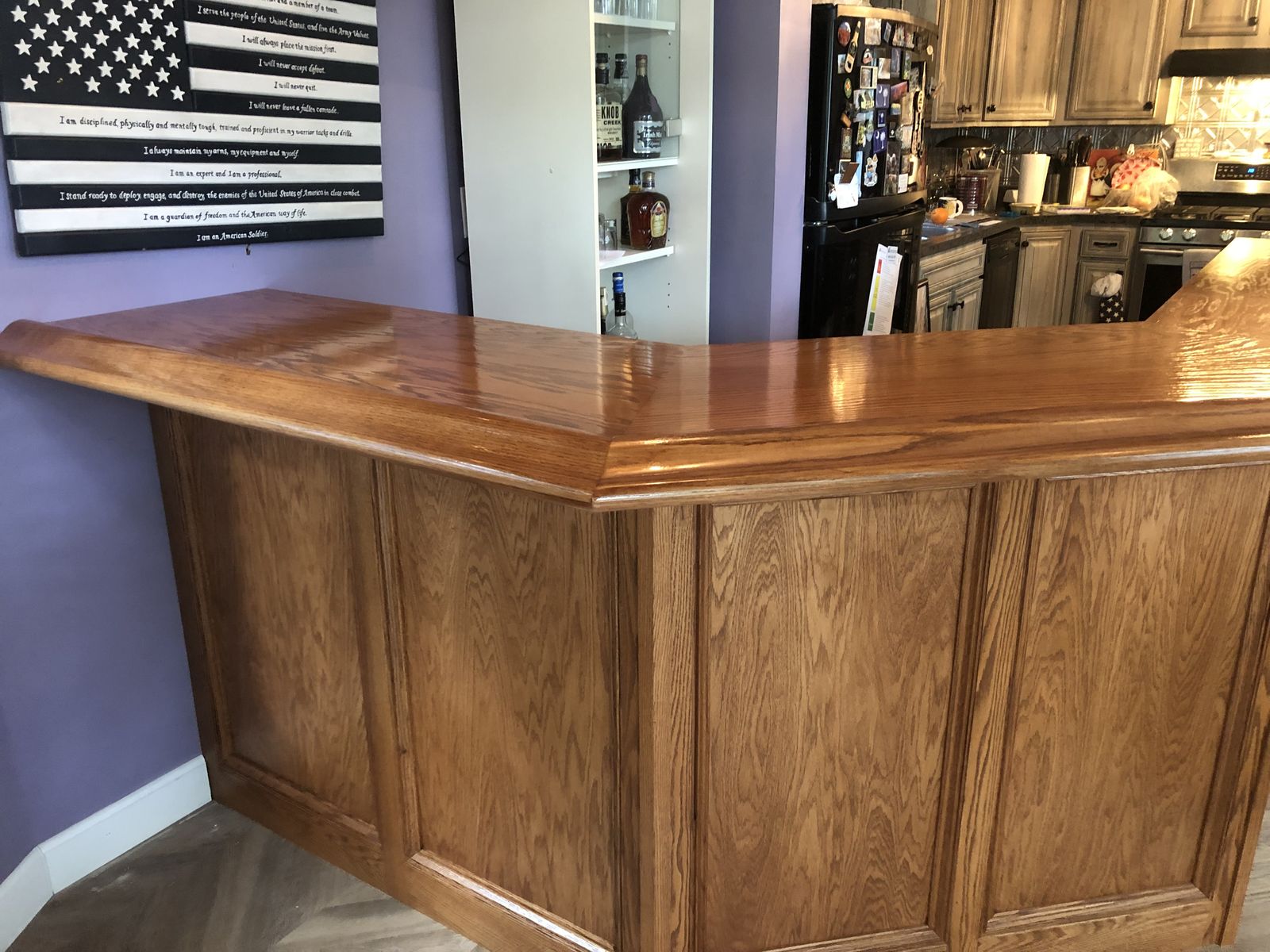 Oak home bar, bar-top view