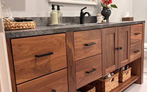 Walnut double vanity with basket storage
