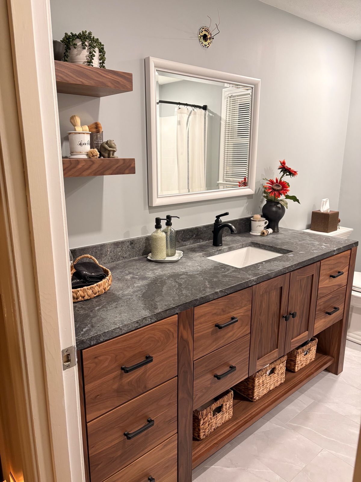 Wood vanity with floating shelves